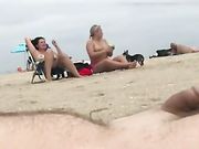 Trevliga kvinnor med stora tuttar är topless på stranden